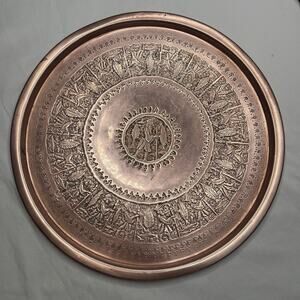 Large Cooper serving platter tray Etched figures Decorative Vintage, Unique, old